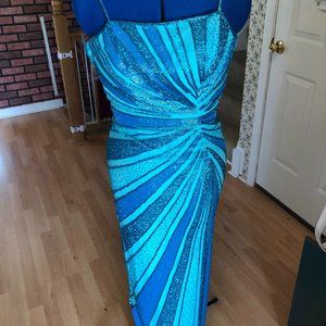 Turquoise Beaded, Backless, Full Length Gown
